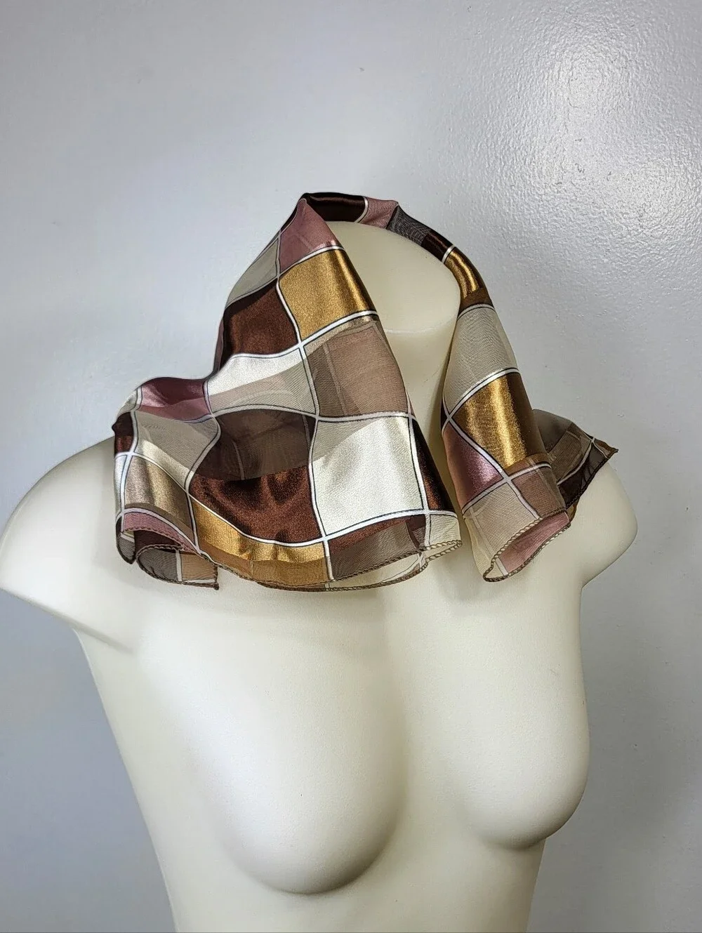 1960's 70's Style Silk-Feel Plaid Neck Scarf in Brown and Gold 20